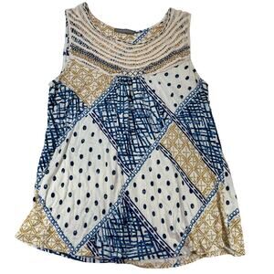 Loveappella Mixed Media Print Crochet Neck Tank Top XL Women Blue Gold